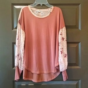 Size Small Mauve Blouse With Long Sheer Light Mauve Flowered Sleeves
